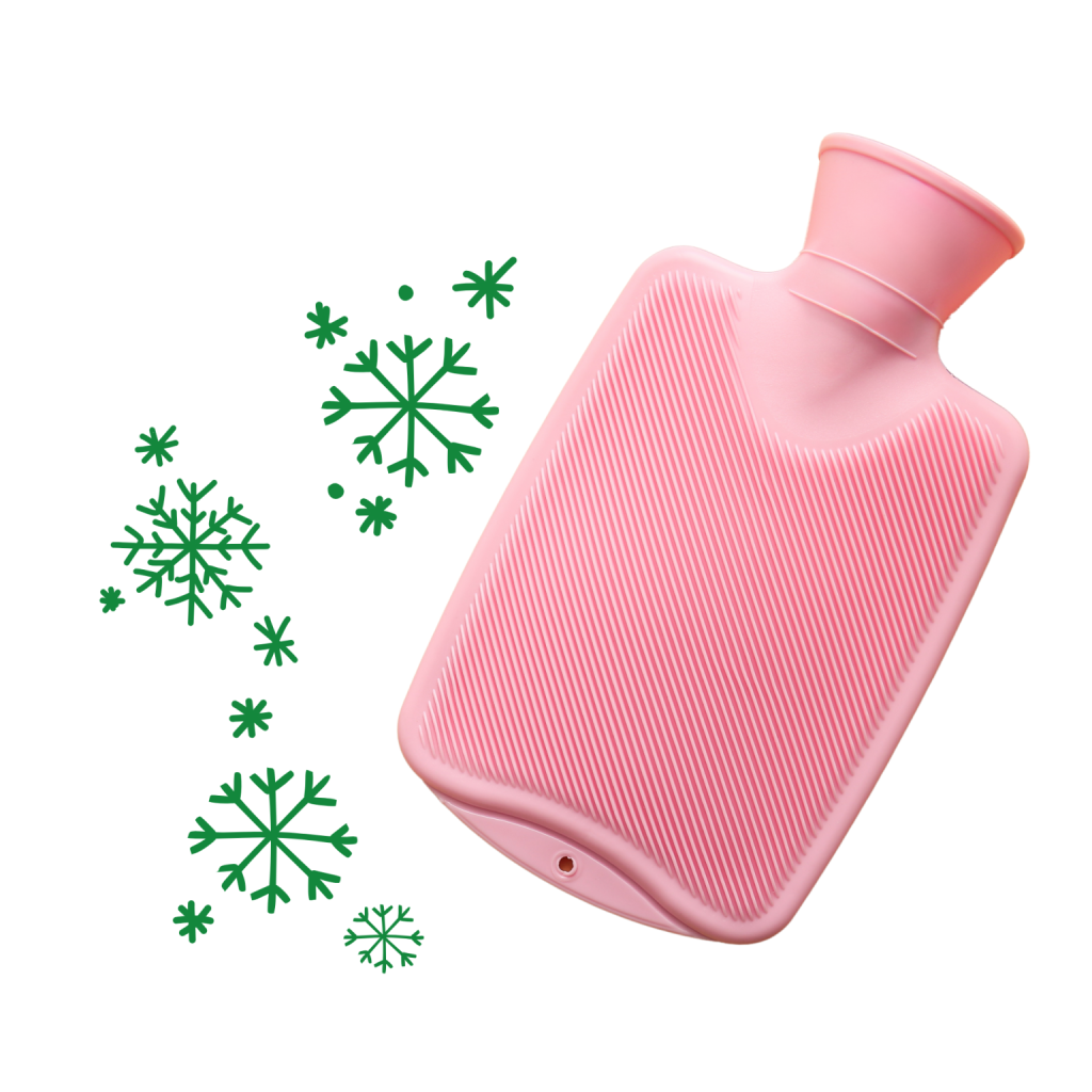 Hot water bottle with snow flake graphics around it to signal it is filled with icy water.